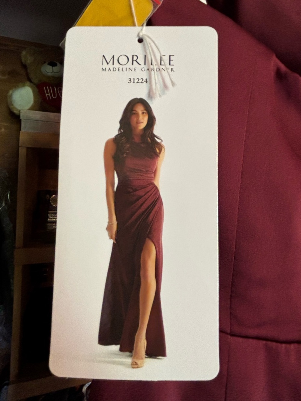 Mori Lee Burgundy Sleeveless Halter  Maxi Gown with Draped Waist and High Slit